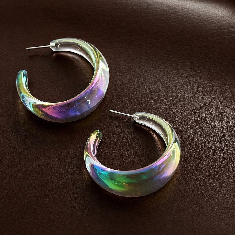 Clear Iridescent Hoop Earrings Holographic Lucite Retro Y2K Stud Statement Boho